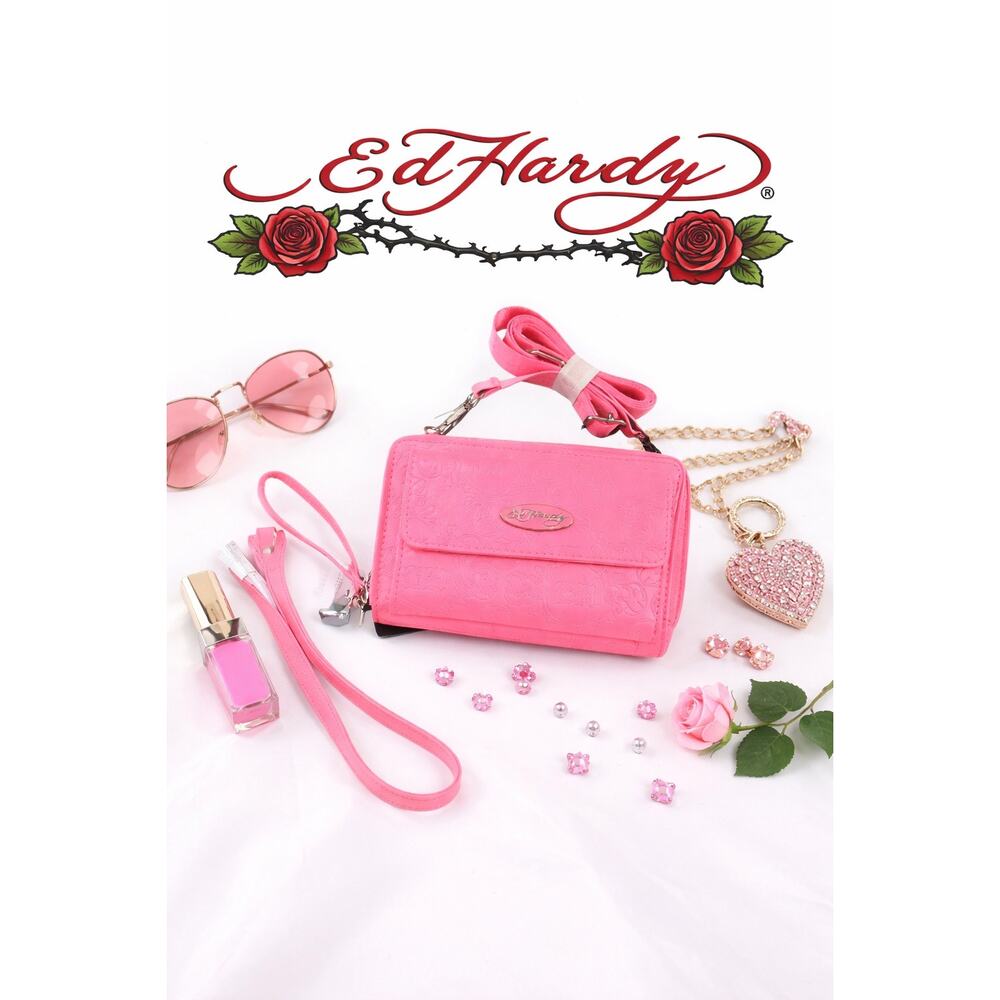 Ed Hardy Fuchsia Pink 3-in-1 Phone Wallet Crossbody